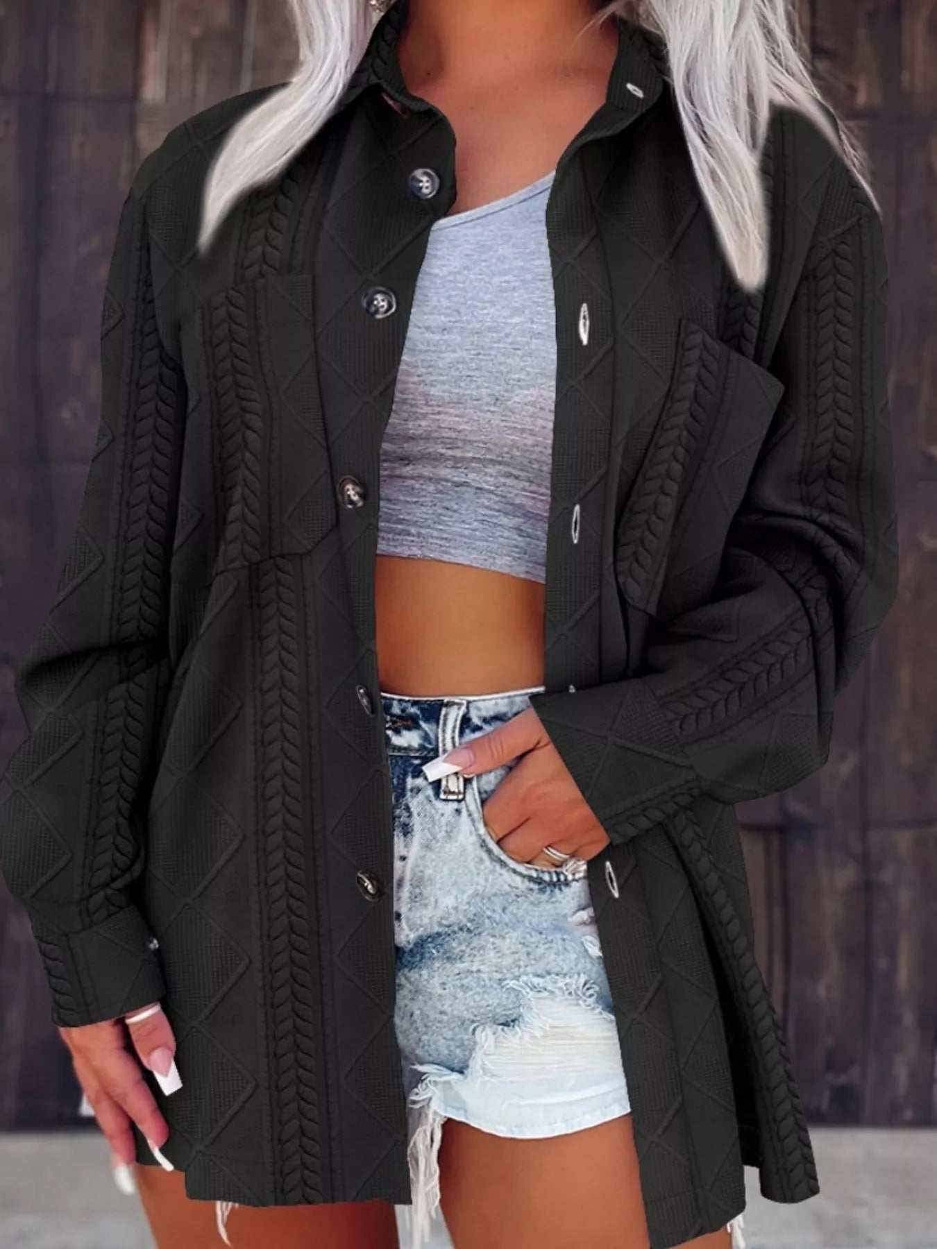 Lena - Långärmad Kabelstickad Kofta Med Fickor Och Knappar