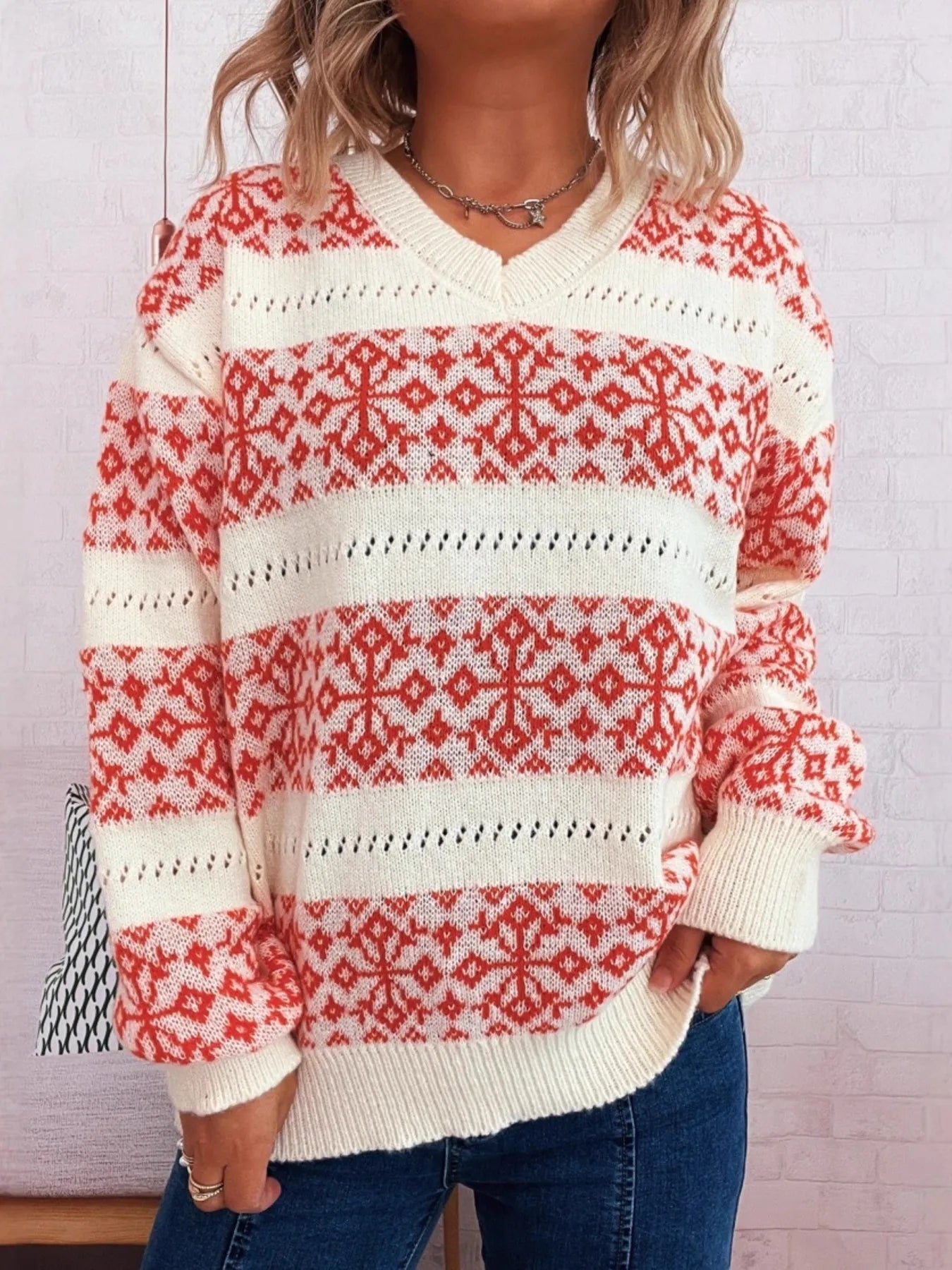 Nova - Kontrastribbad Långärmad Tröja Mjuk Polyester