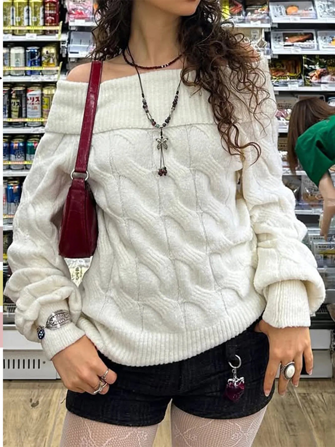 Saga - kabelstickad axelbandslös tröja stretchig för vardagen