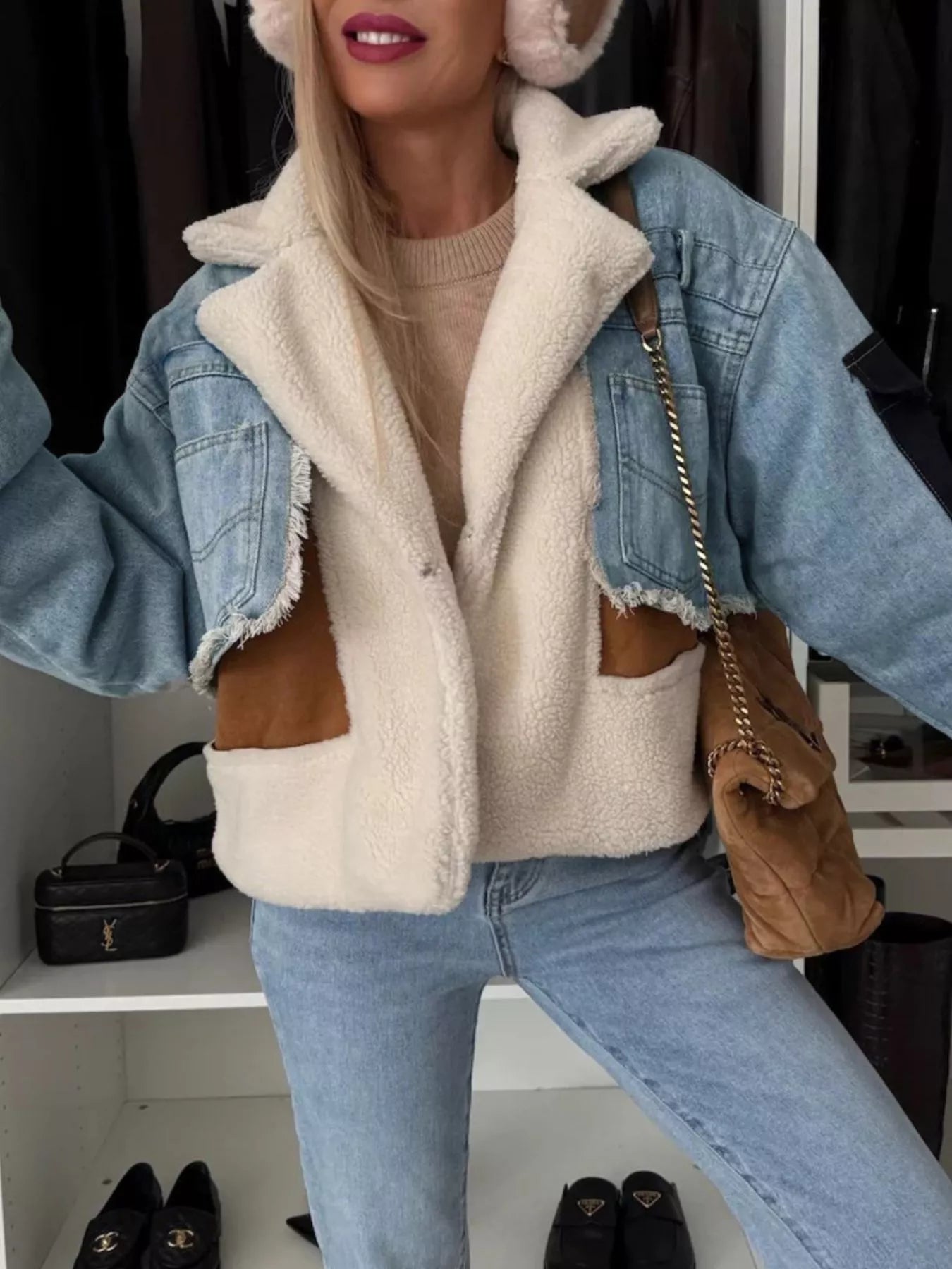 Agnes - Jeansjacka med sherpa fodrad och råkantad design