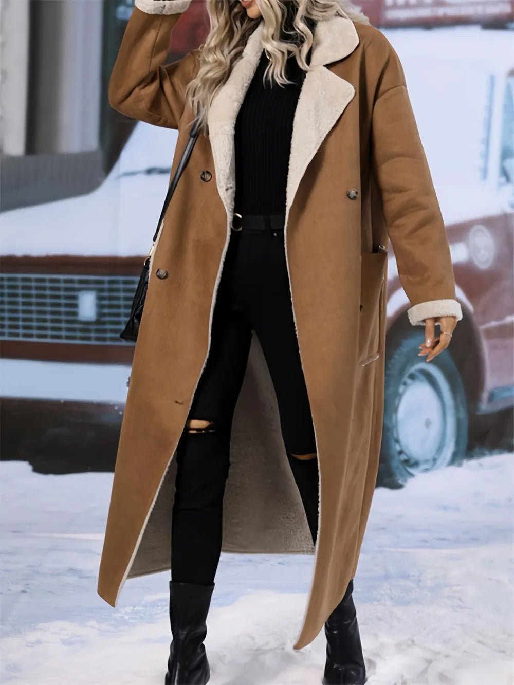 Emilia - Plusstorlek Kappa Med Sherpa Textur Långkappa