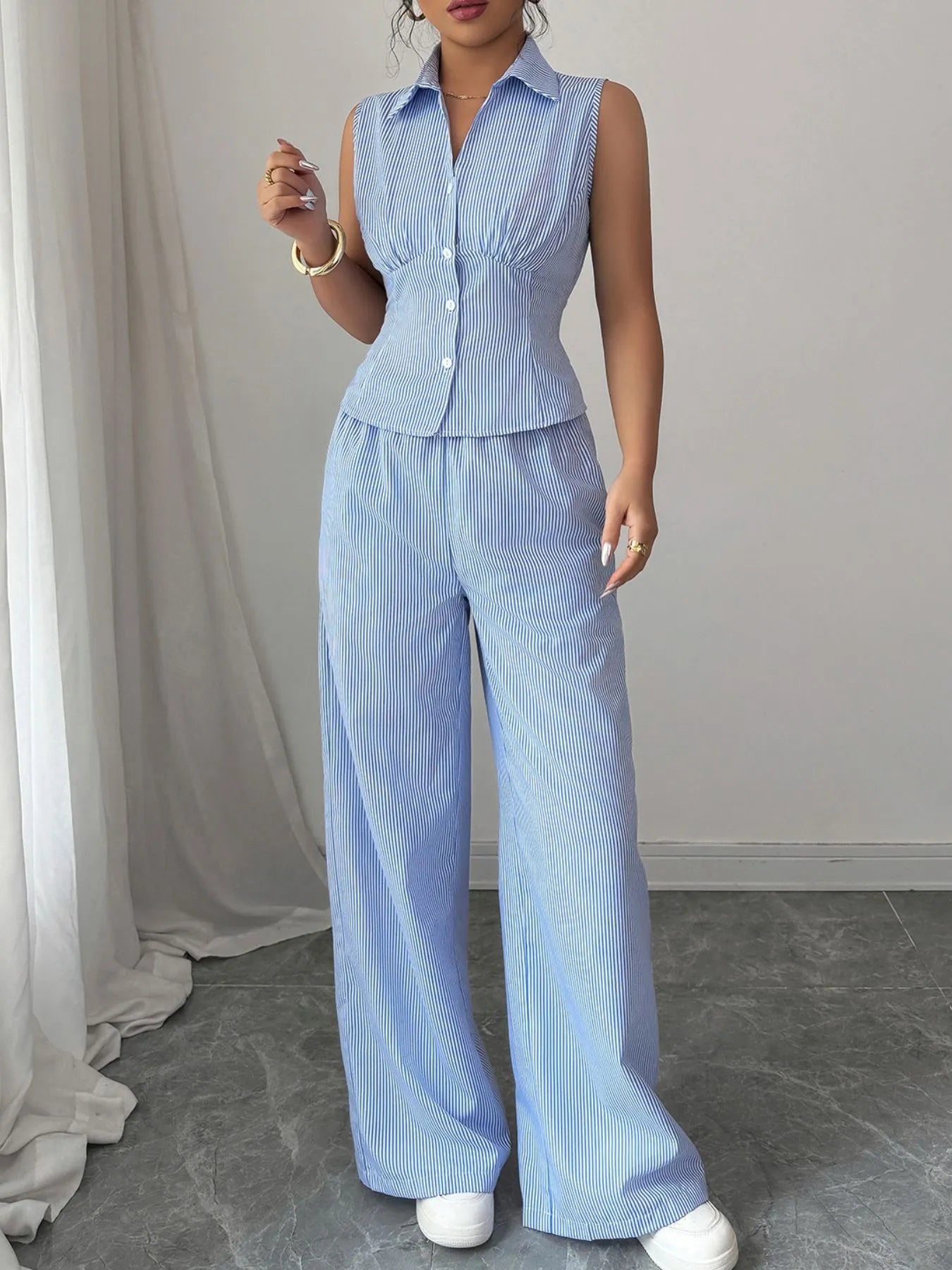 Frida - Randigt Ärmlöst Topp Och Byxset I Polyester