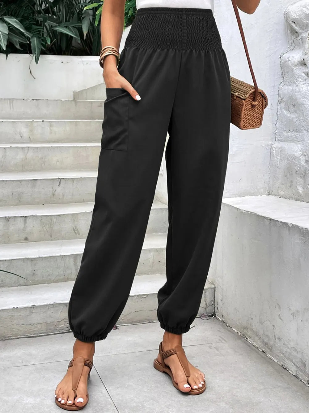 Hedda - Smockade högmidjade joggers med fickor bekväma
