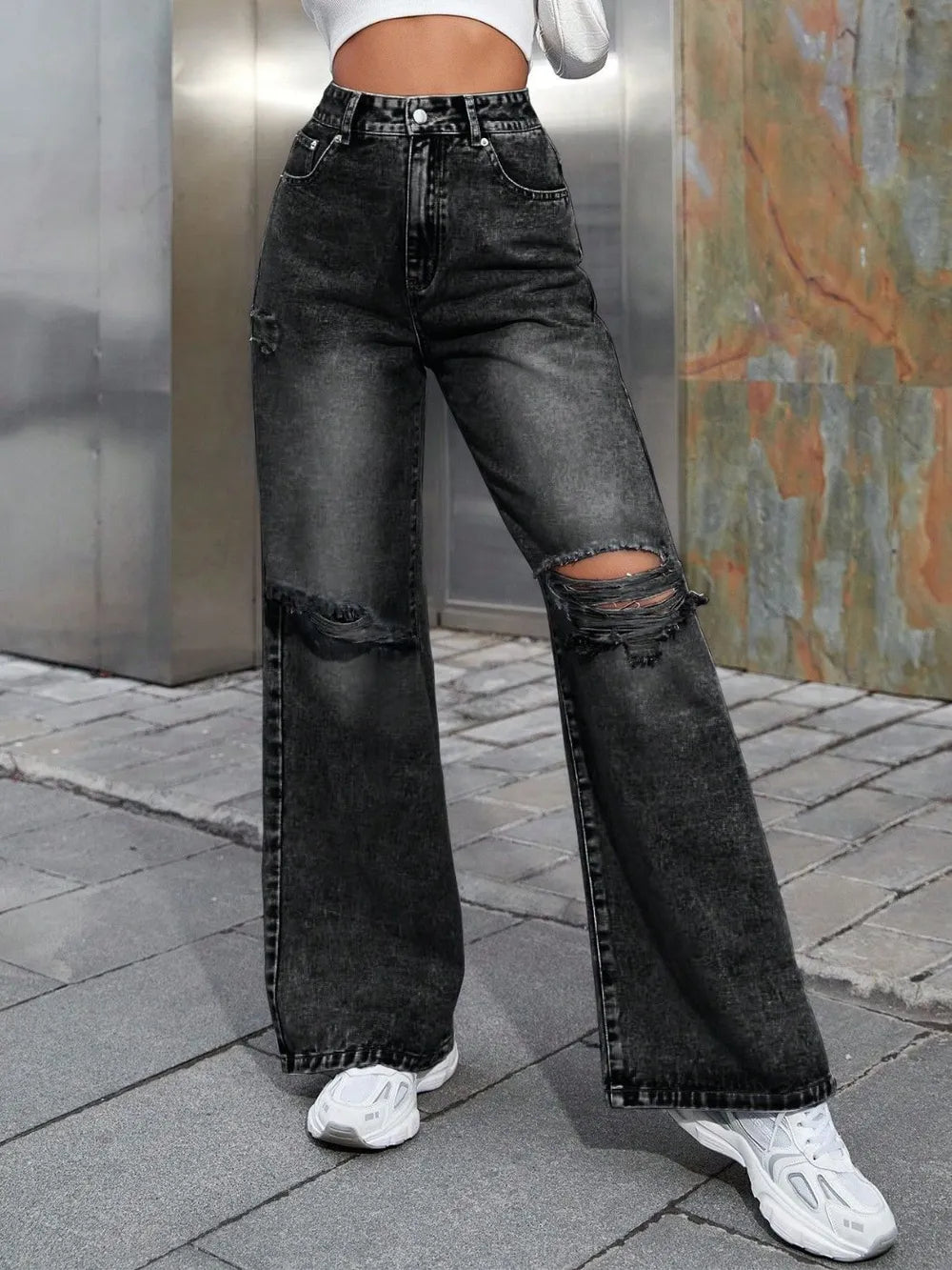 Wilma - Slitna vida jeans med stretchig passform och fickor