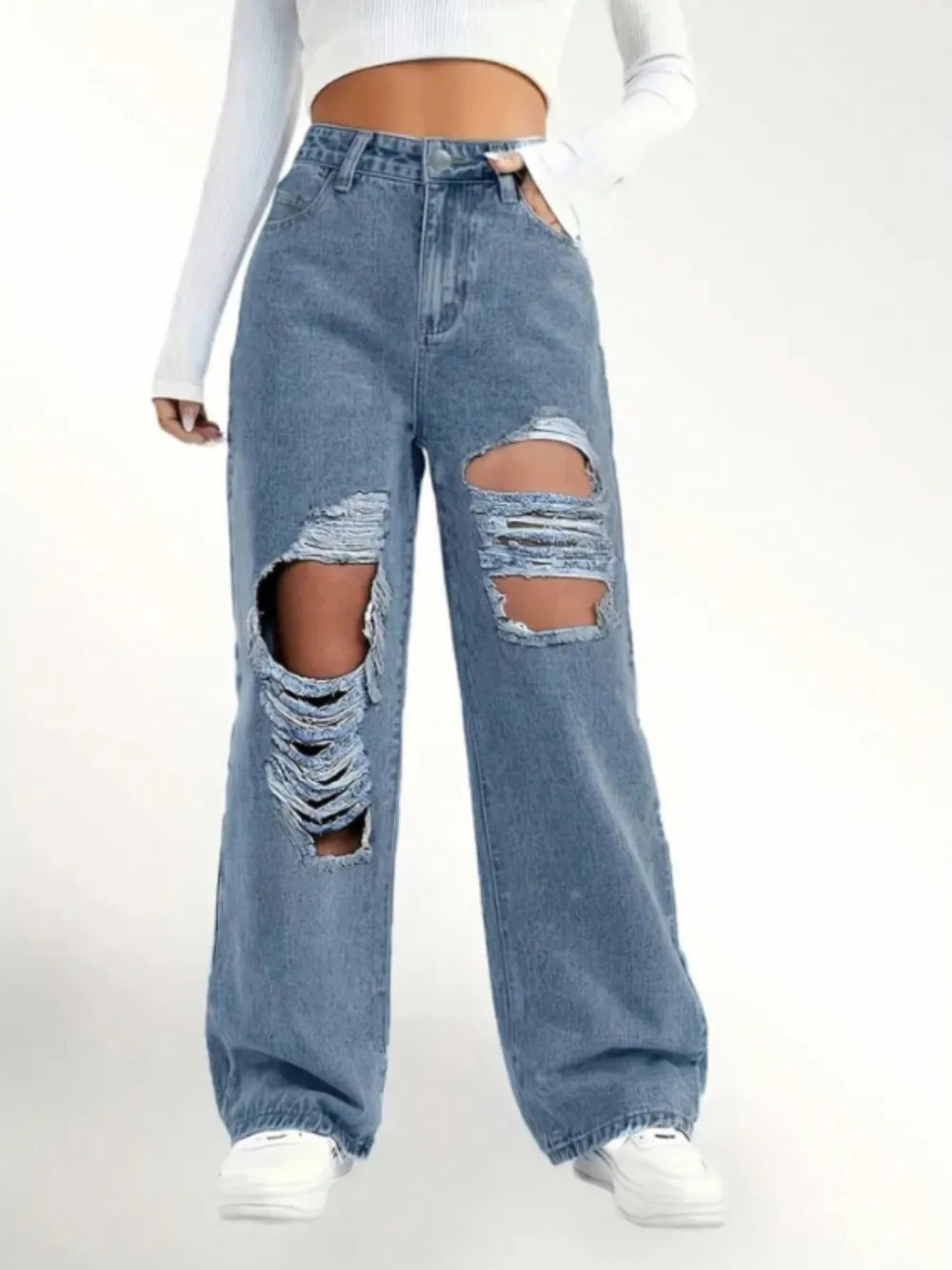 Frida - Slitna vida jeans med knappar och fickor i midjan