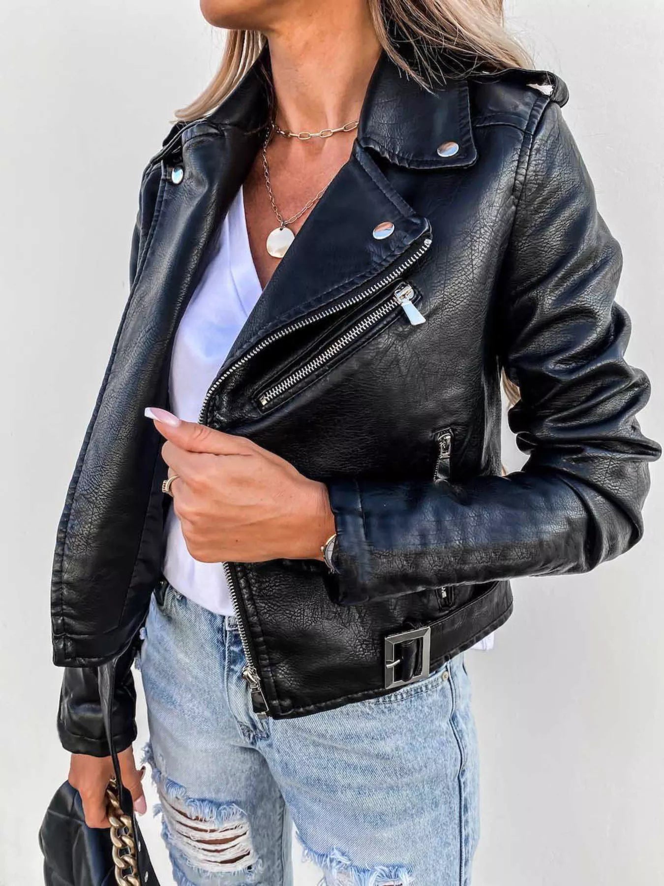 Klara - Bikerjacka i polyester med blixtlås plusstorlek