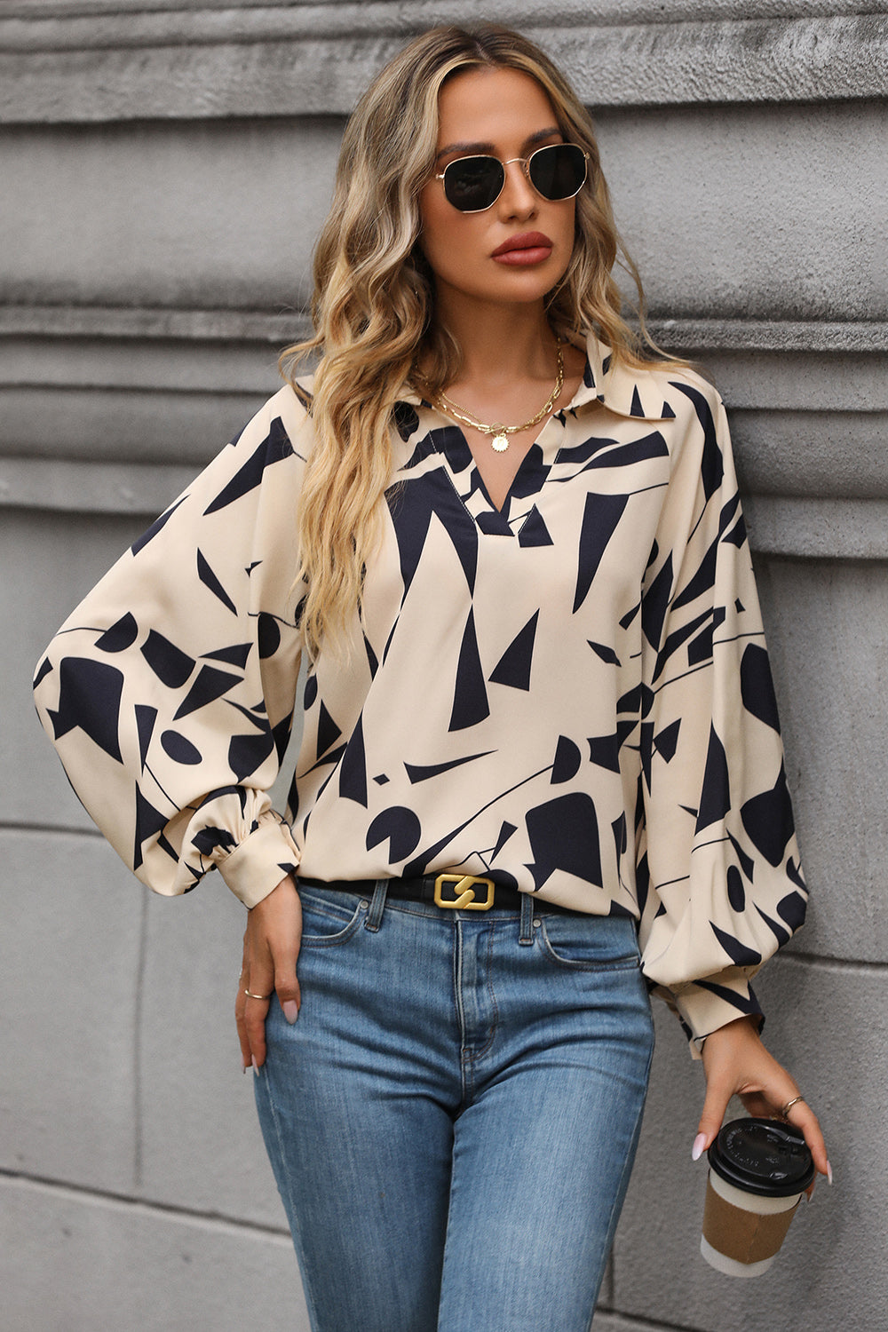 Freja - Mönstrad Blus Med Krage Polyester Passform