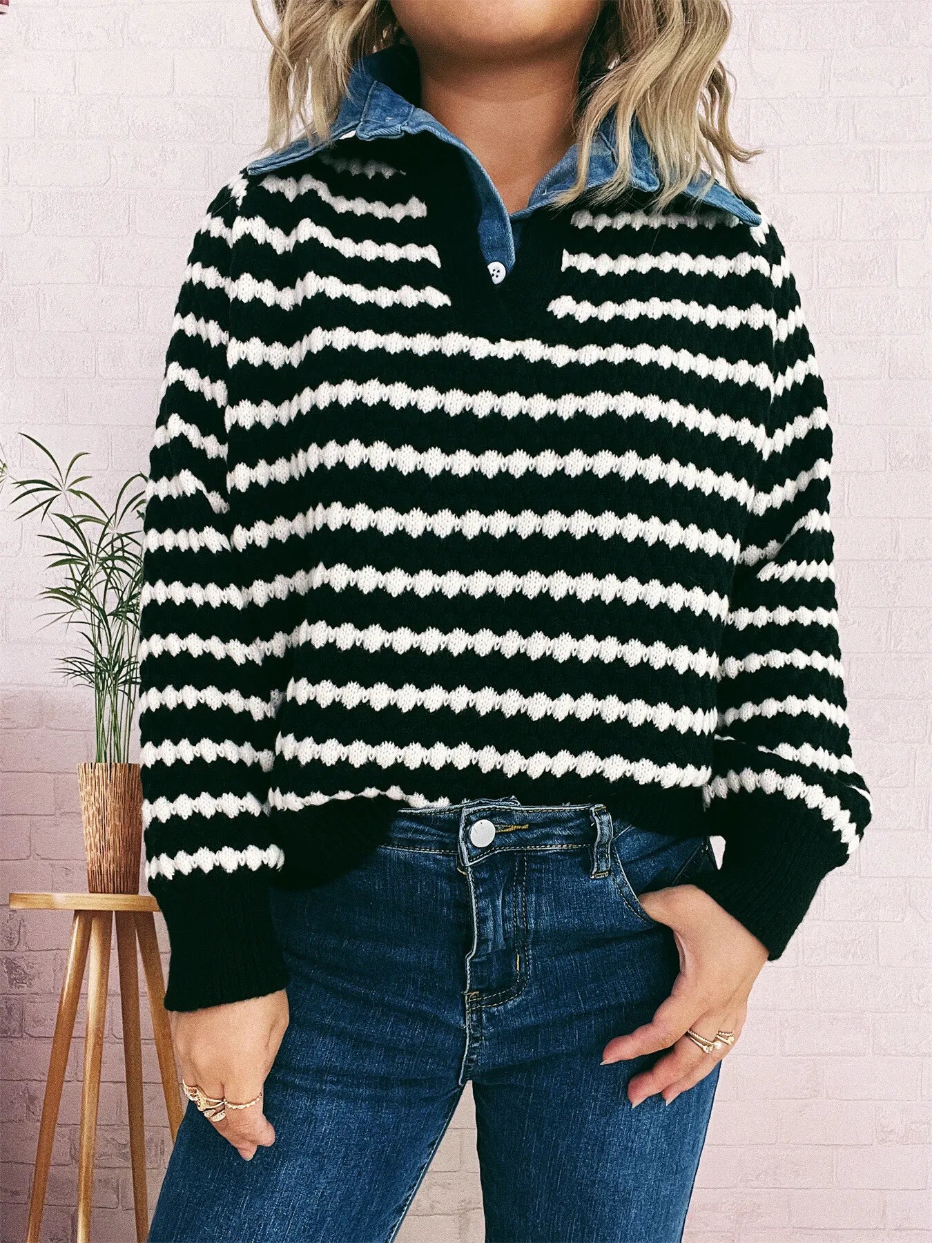 Linnea - randig tröja med kontrast krage elastisk polyester