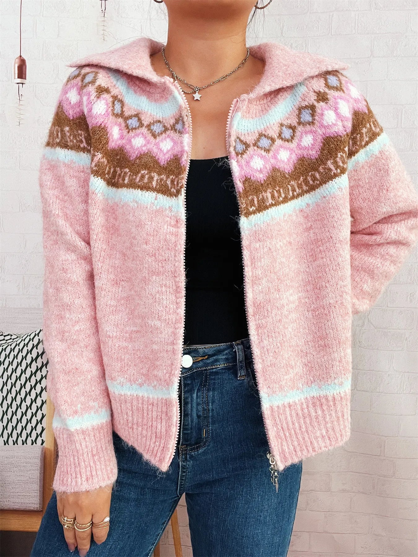 Maria - Mönstrad cardigan med dragkedja i polyester